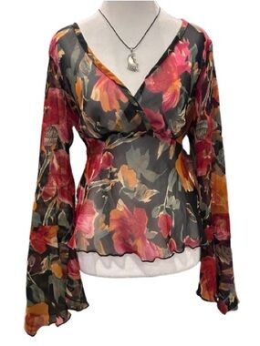 Vtg 90s STUDIO Y Sheer Floral Bell Sleeve Top Whimsigoth Fairycore Tie Back Sz S